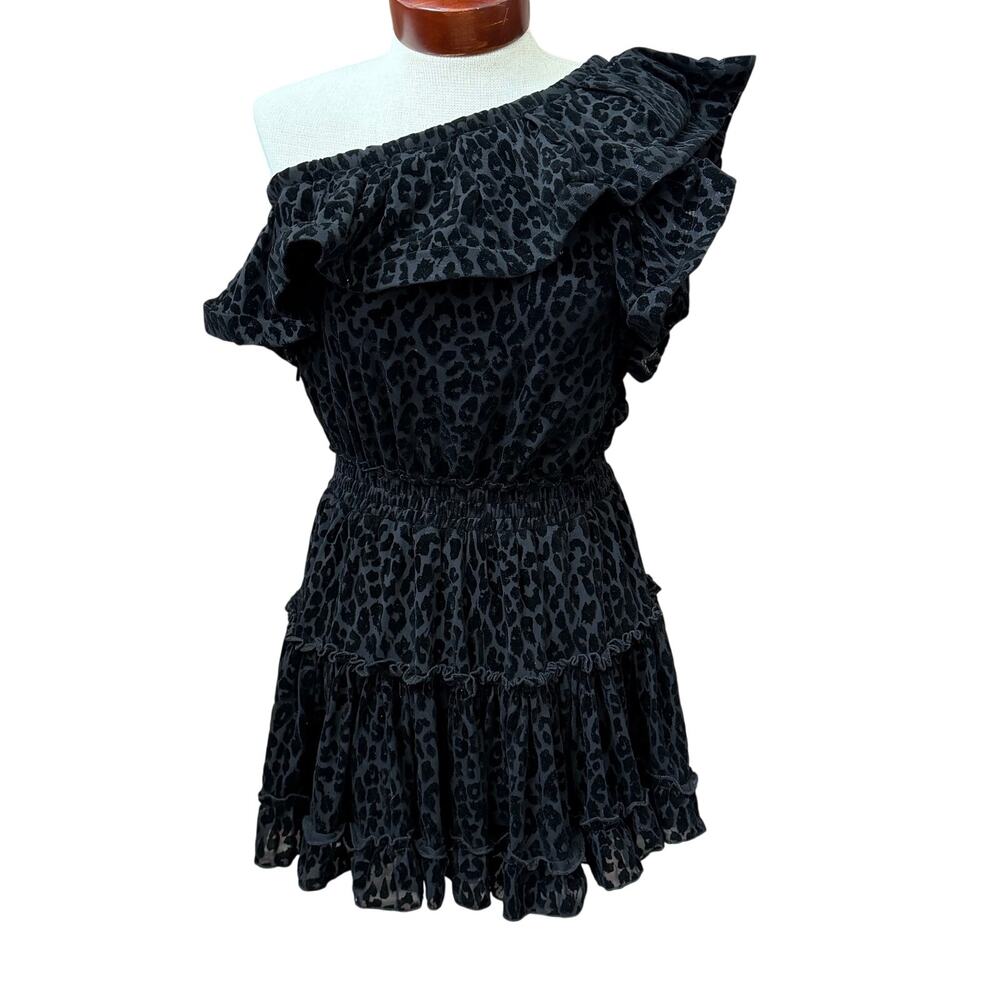 Buddy Love Black Leopard Cheetah Mini Dress XS NEW One Shoulder Velvet Velour